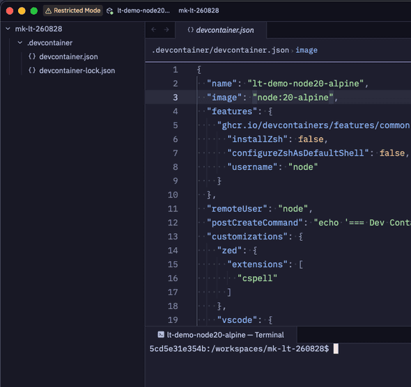 DevContainer に接続された状態の Zed のディレクトリ表示