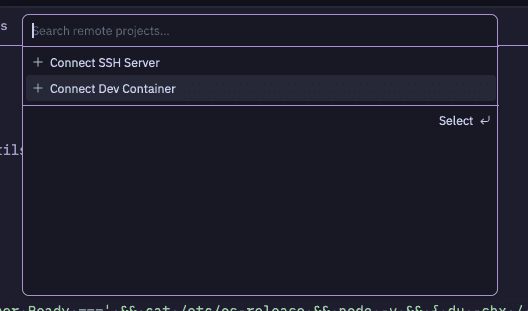 DevContainer への接続モーダルが表示されている Zed のエディタ画面