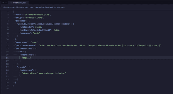 実際に DevContainer の定義を開いた Zed のエディタ画面